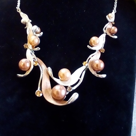 whimsical pearl and metal necklace, silver chain beautiful in person - Picture 2 of 3